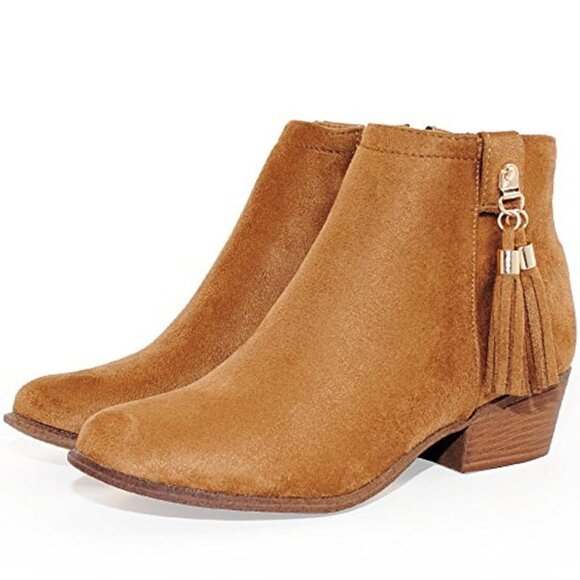 🖤 Women's Tan Tassel Fringe Faux Suede Ankle Boots Booties – Side Zip - Picture 1 of 7
